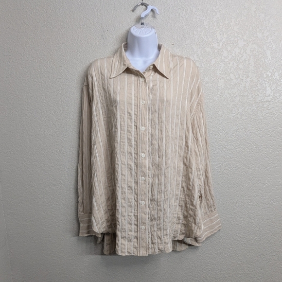 Zara Woman Beige White Striped Button Down Shirt Long Sleeve Wrinkled Look XL - Picture 1 of 9